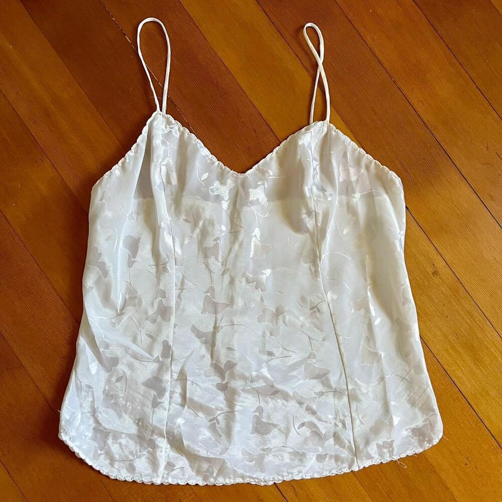 Sabrina Vintage 80s White Floral Satin Camisole, Size Medium
